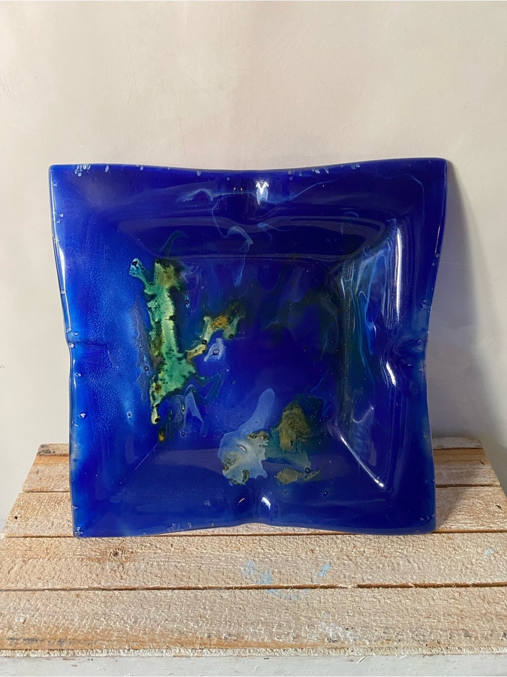 vintage glass ashtray kobalt blue And Green 7”